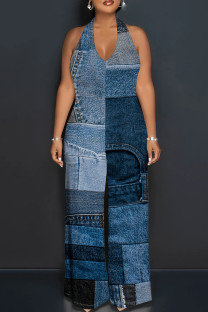 Dark Blue Sexy Print Patchwork Backless Halter Loose Jumpsuits