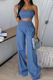 Blue Sexy Casual Solid Color Backless Strapless Sleeveless Two Pieces