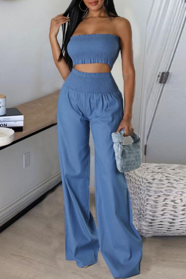 Blue Sexy Casual Solid Color Backless Strapless Sleeveless Two Pieces