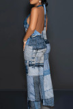 Baby Blue Sexy Print Patchwork Backless Halter Loose Jumpsuits