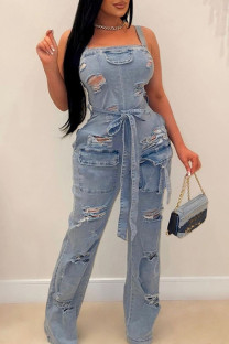 Blue Casual Solid Color Ripped Backless With Belt Spaghetti Strap Sleeveless Bodycon Denim Jumpsuits