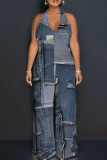 Baby Blue Sexy Print Patchwork Backless Halter Loose Jumpsuits