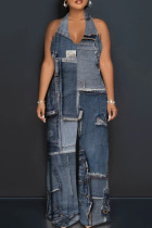 Dark Gray Sexy Print Patchwork Backless Halter Loose Jumpsuits