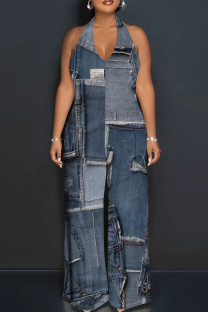Dark Gray Sexy Print Patchwork Backless Halter Loose Jumpsuits