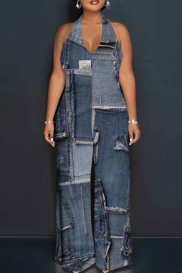 Dark Gray Sexy Print Patchwork Backless Halter Loose Jumpsuits