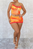 Orange Sexy Hot Print Patchwork Backless Spaghetti Strap Sleeveless Two Pieces