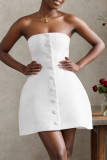 White Sexy Solid Color Buckle Patchwork Backless Strapless A Line Dresses