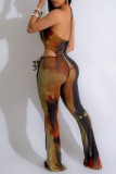 Rose Red Sexy Print Hollow Out Backless Belted Halter Skinny Jumpsuits