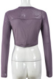 Purple Street Print Hollow Out Patchwork Cross Straps O Neck Tops