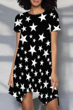 Red Casual Geometric Print Patchwork O Neck Irregular Dresses