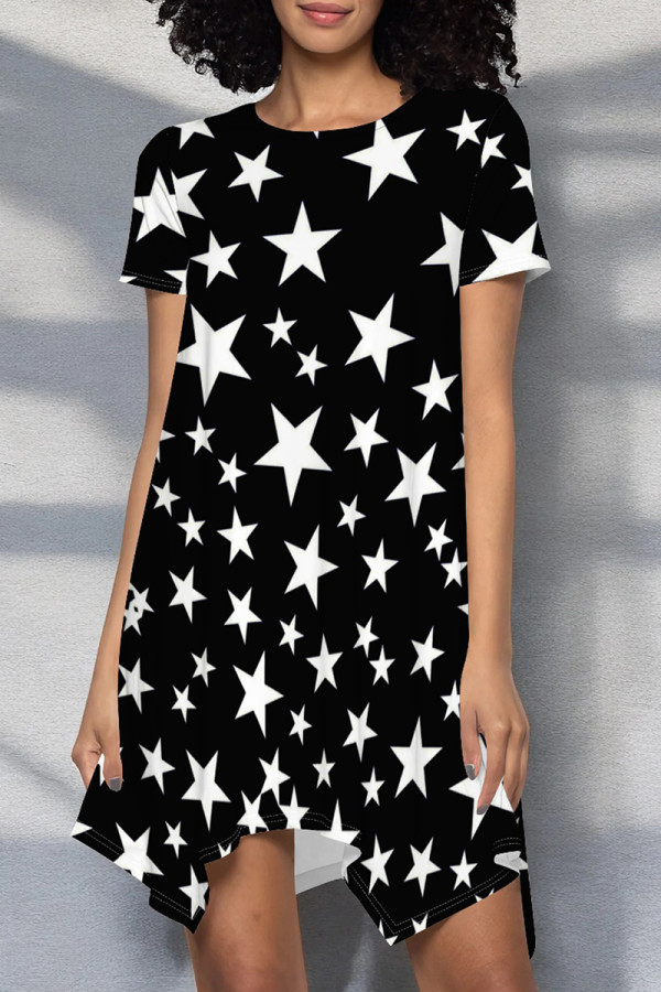 Black Casual Geometric Print Patchwork O Neck Irregular Dresses