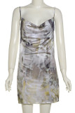 Brown Street Print Patchwork Backless Spaghetti Strap Sling Dresses