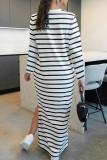 Green Casual Stripe Patchwork Slit O Neck Straight Dresses