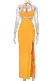Yellow Elegant Solid Color Patchwork Halter Long Dresses