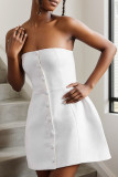 White Sexy Solid Color Buckle Patchwork Backless Strapless A Line Dresses
