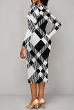 White Elegant Geometric Print Patchwork Ruched V Neck Wrapped Skirt Dresses
