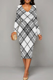 White Elegant Geometric Print Patchwork Ruched V Neck Wrapped Skirt Dresses