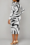 White Elegant Geometric Print Patchwork Ruched V Neck Wrapped Skirt Dresses