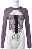 Purple Street Print Hollow Out Patchwork Cross Straps O Neck Tops
