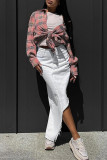 Pink Street Plaid Buckle Patchwork Turndown Collar Tops
