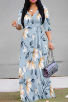 Baby Blue Elegant Flowers Print Lace Up V Neck Printed Dresses