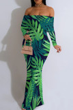 Cyan Elegant Print Patchwork Backless Off Shoulder Long Dresses
