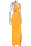 Yellow Elegant Solid Color Patchwork Halter Long Dresses