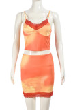 Orange Sexy Hot Print Patchwork Backless Spaghetti Strap Sleeveless Two Pieces