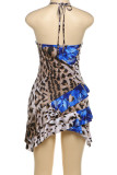 Blue Sexy Print Patchwork Backless Halter Irregular Dresses