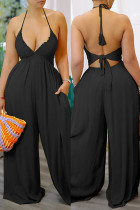 Black Sexy Casual Solid Color Lace Up Backless Halter Bodycon Jumpsuits