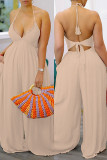 Earth Yellow Sexy Casual Solid Color Lace Up Backless Halter Bodycon Jumpsuits