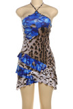 Blue Sexy Print Patchwork Backless Halter Irregular Dresses