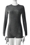 Black Silver Sexy Solid Color Backless Zipper Belted O Neck Skinny Rompers