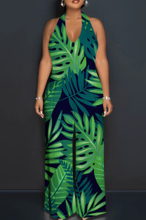 Green Elegant Print Patchwork Backless Halter Loose Jumpsuits