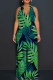 Green Elegant Print Patchwork Backless Halter Loose Jumpsuits