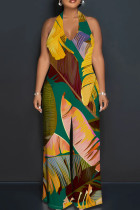 Multicolor Elegant Print Patchwork Backless Halter Loose Jumpsuits