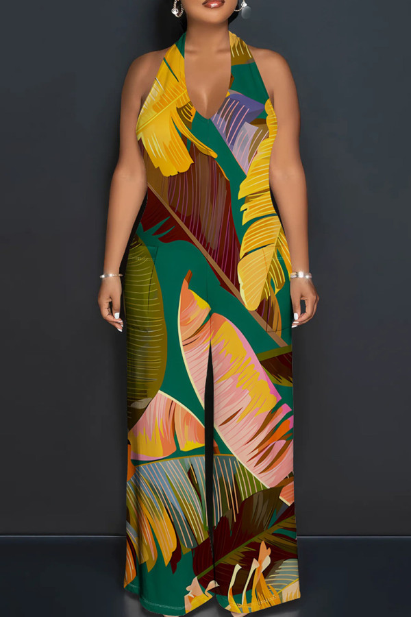 Multicolor Elegant Print Patchwork Backless Halter Loose Jumpsuits