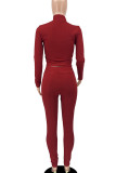 Red Casual Solid Color Patchwork Zipper Zipper Collar Long Sleeve Two Pieces