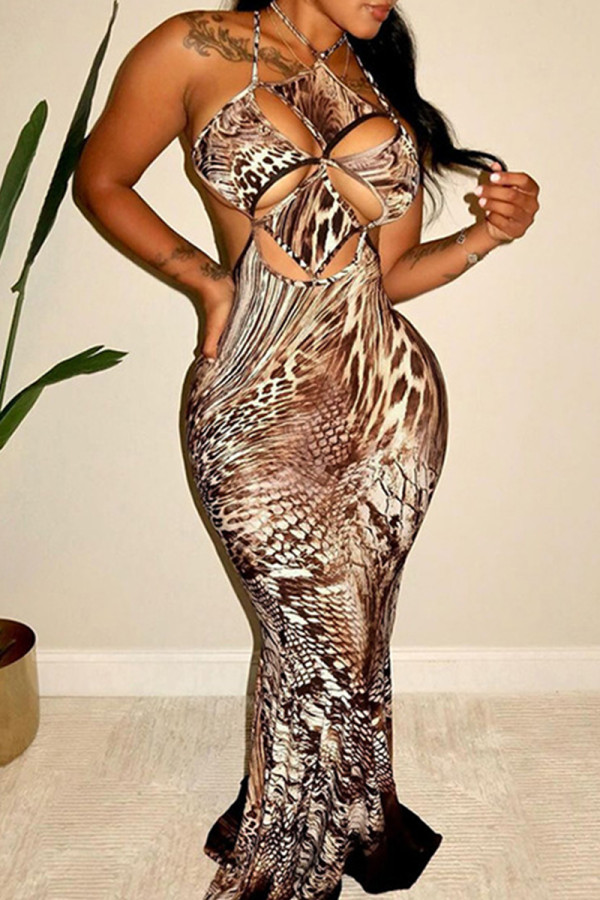 Brown Sexy Print Hollow Out Patchwork Backless Spaghetti Strap Sling Dresses