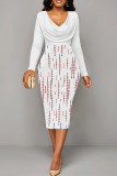 Light Blue Elegant Stripe Patchwork Ruched V Neck Long Sleeve Two Pieces