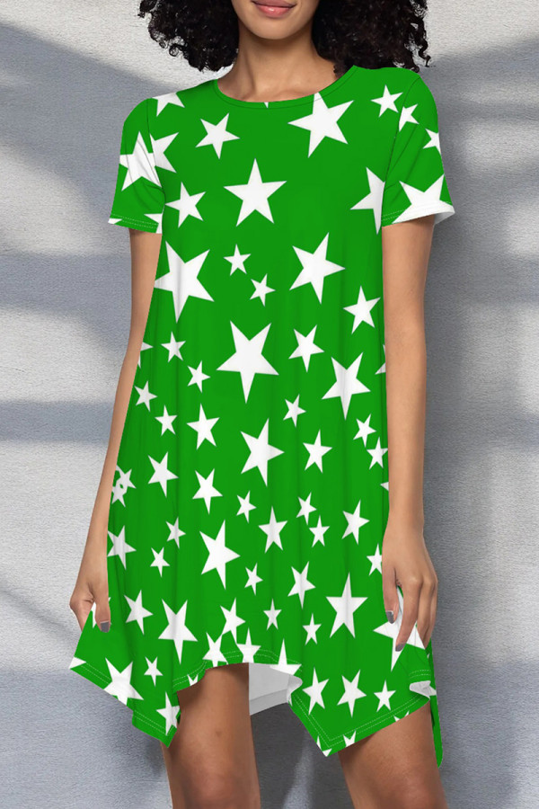 Green Casual Geometric Print Patchwork O Neck Irregular Dresses