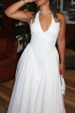 White Elegant Solid Color Patchwork Backless Strap Design Zipper Halter A Line Dresses