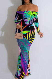 Colour Elegant Print Patchwork Backless Off Shoulder Long Dresses
