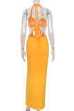 Yellow Elegant Solid Color Patchwork Halter Long Dresses
