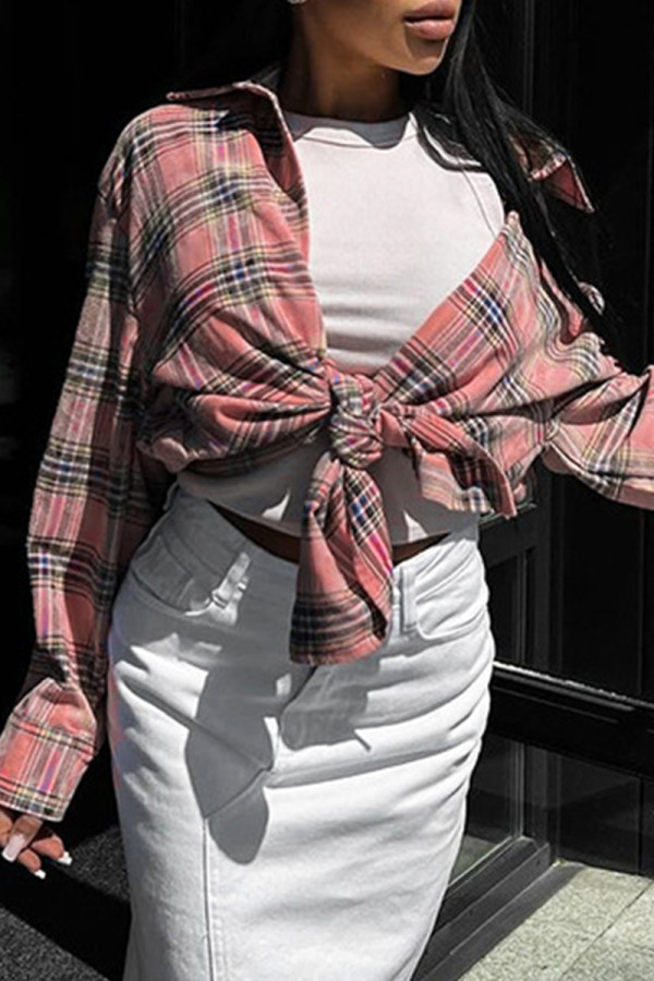 Pink Street Plaid Buckle Patchwork Turndown Collar Tops