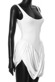 White Sexy Solid Color Patchwork Backless Ruched U Neck Irregular Dresses
