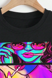 Black Casual Street Cartoon Print O Neck T-Shirts
