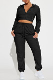 Apricot Casual Solid Color Draw String Pocket Patchwork Zipper Hooded Long Sleeve Two Pieces