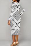 White Elegant Geometric Print Patchwork Ruched V Neck Wrapped Skirt Dresses