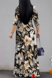 Apricot Elegant Flowers Print Lace Up V Neck Printed Dresses
